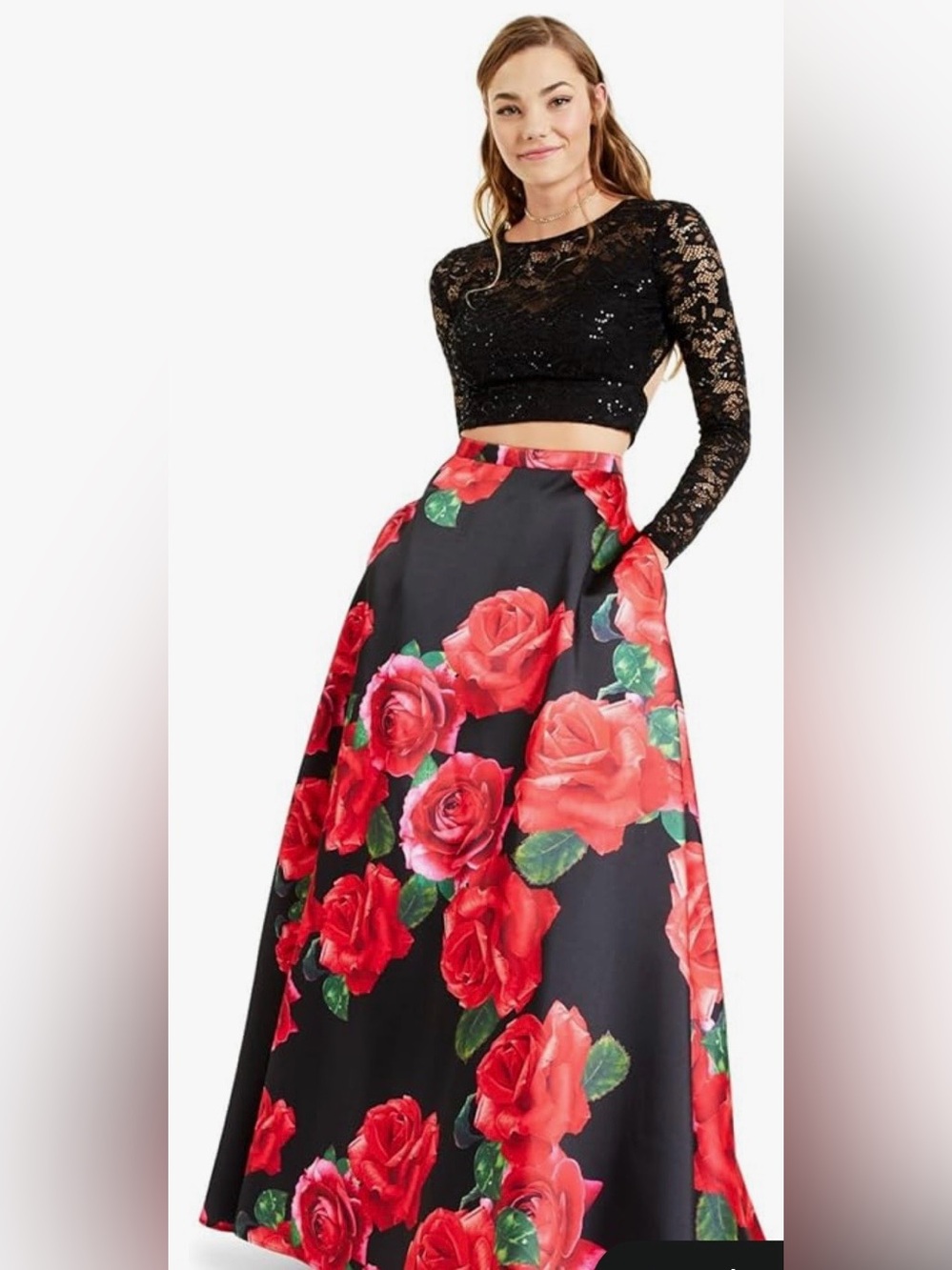 B Darlin Black Maxi Skirt with Red Rose Print Skirt Set